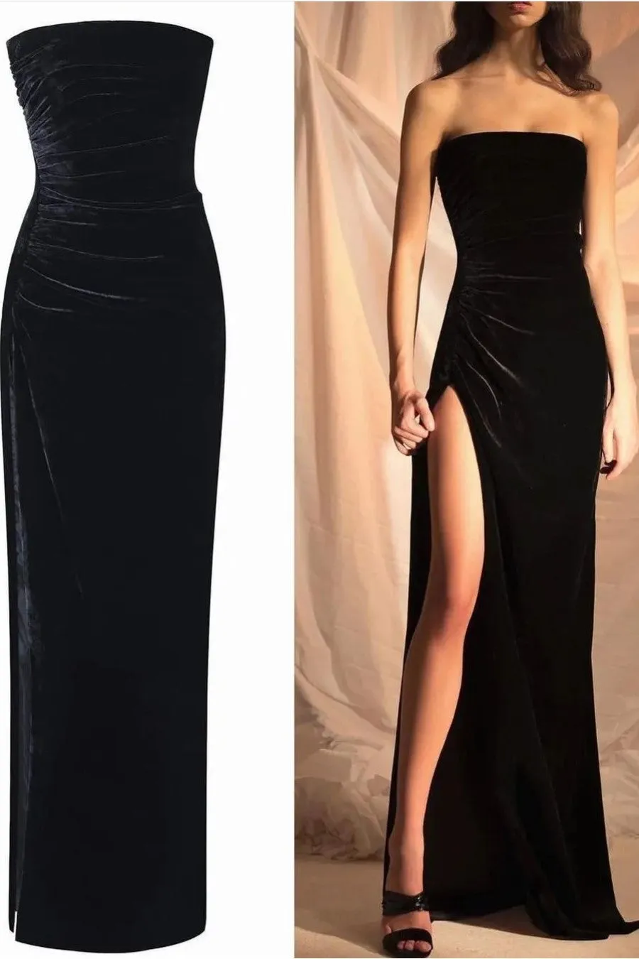 Strapless Velvet Black Prom Gown with Split Side